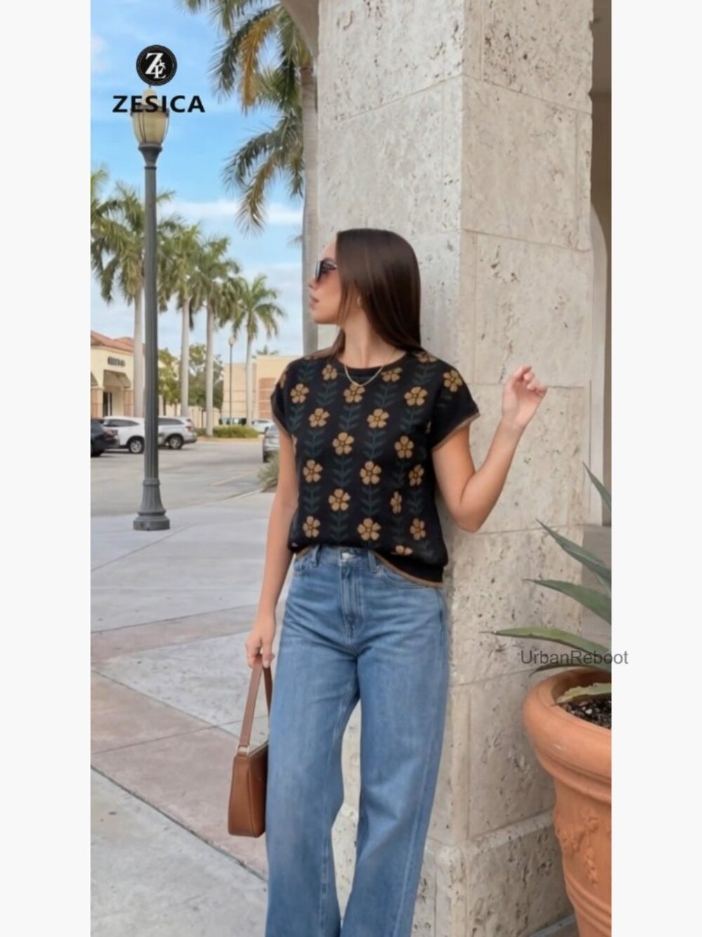 Women's Floral Short Sleeve Sweater Vest Crewneck Loose Knit Tank Top - Picture 7 of 7